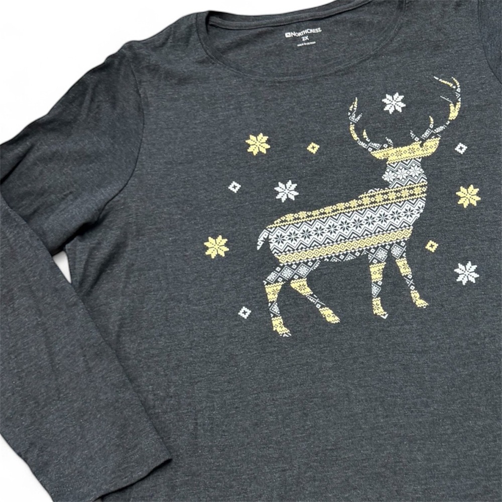 Northcrest Women's 2X Gray Long Sleeve Deer Snowflake Fair Isle Print T-Shirt‎